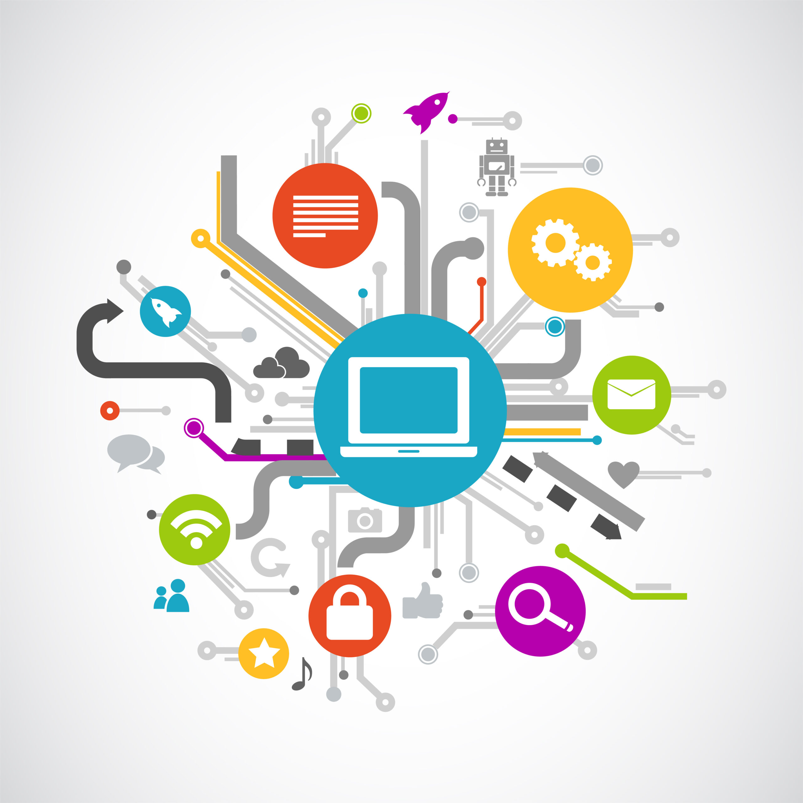 A computer surrounded by colorful symbols and lines.