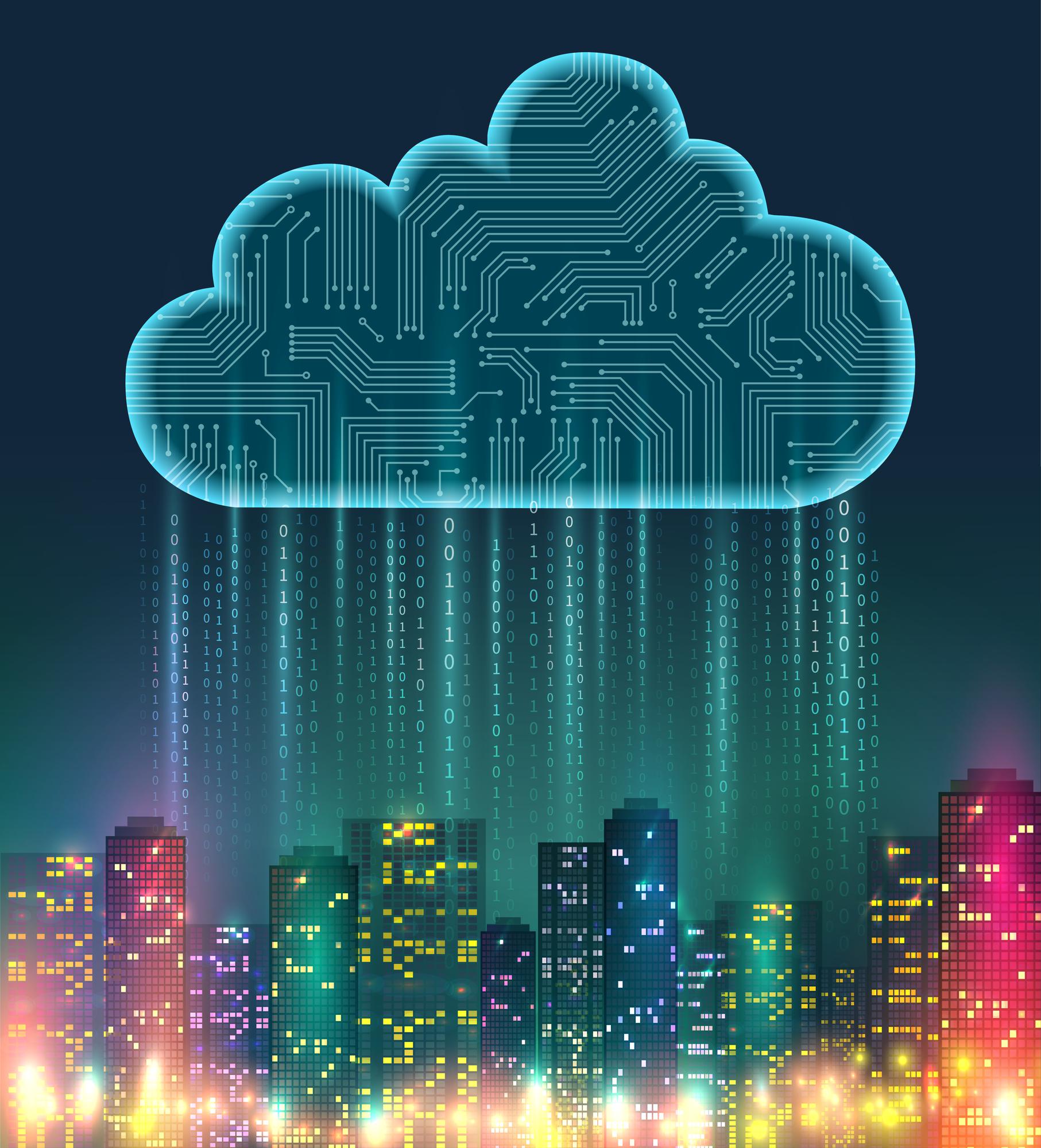 A city skyline with buildings and a cloud above it.