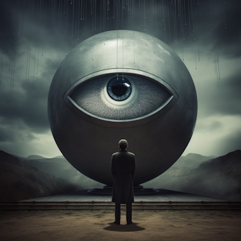 A man standing in front of an eye ball.