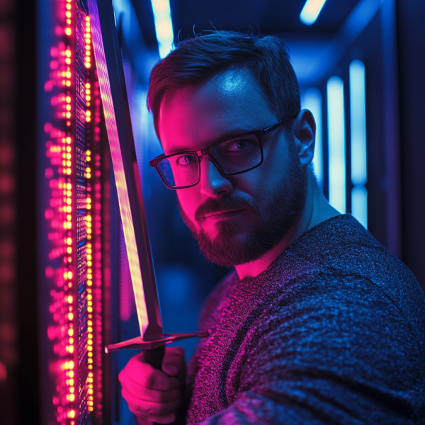A man holding a sword in front of neon lights.