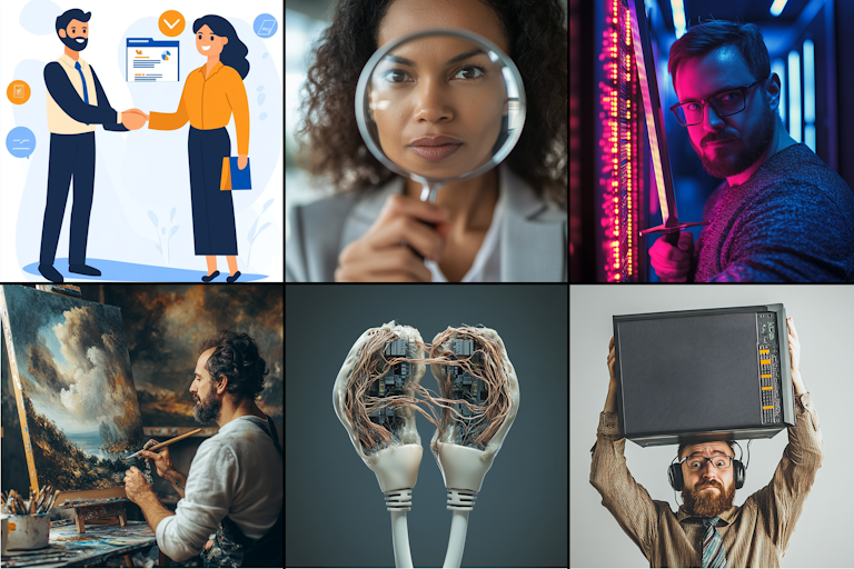 A series of photos with different people and their objects.