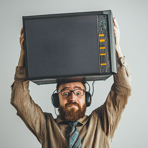 A man holding up a television with headphones on.