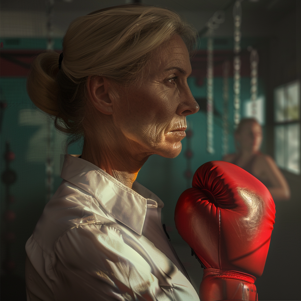 A woman with boxing gloves on her hands.