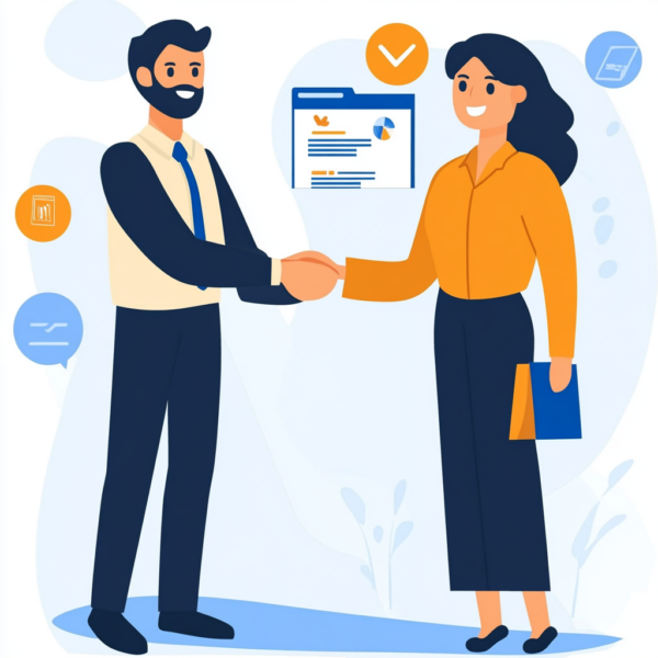 A man and woman shaking hands in front of a computer screen.