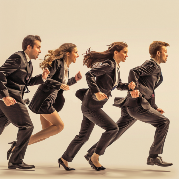 A group of people in suits running together.