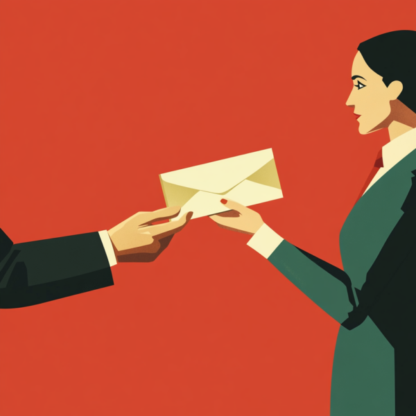 A woman is handing an envelope to another person.