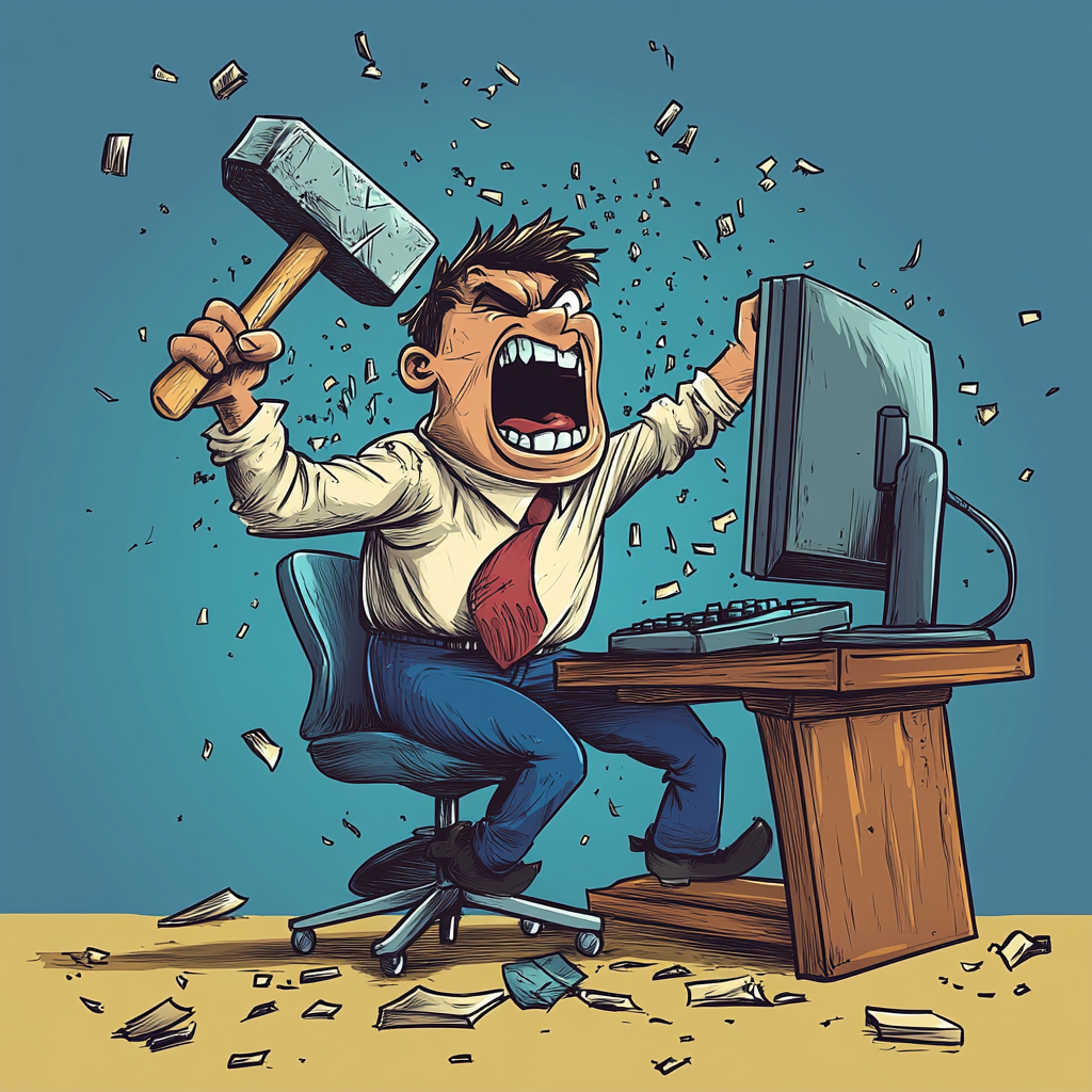 A man holding a hammer in front of a computer.