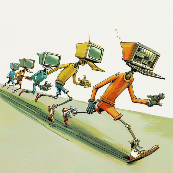 A cartoon of many people running with tv heads on their head.