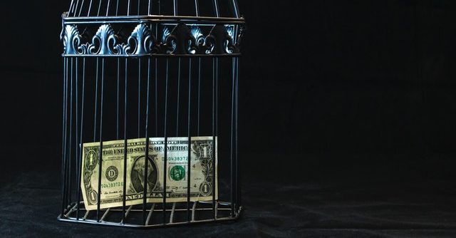 A cage with a dollar bill inside of it.
