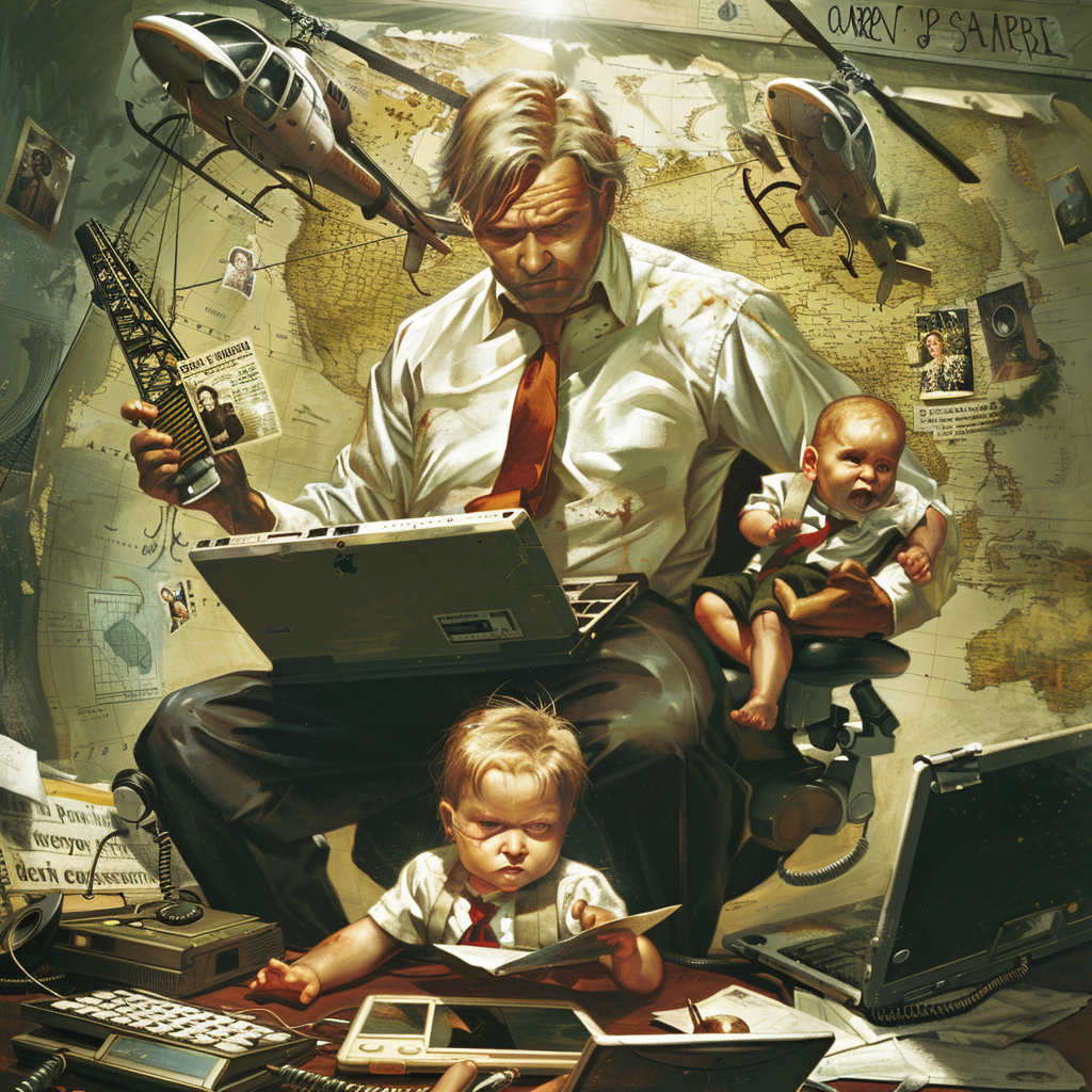 A man and his baby are sitting in the corner of a room.