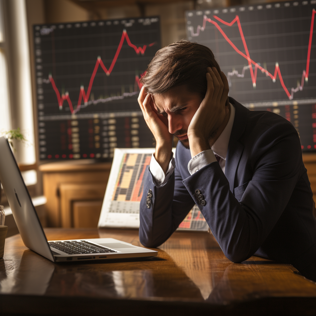 A man sitting at a desk with his head on his hands.