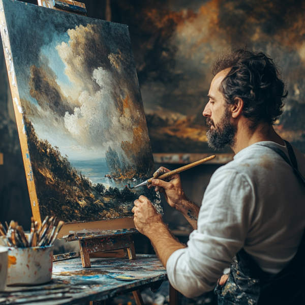 A man painting clouds on canvas with a brush.