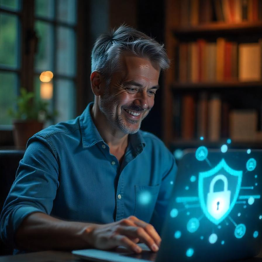 A man sitting at his laptop with an image of a padlock on the screen.
