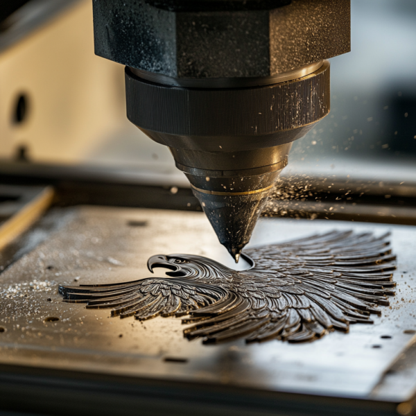 A machine is cutting metal with an eagle on it.