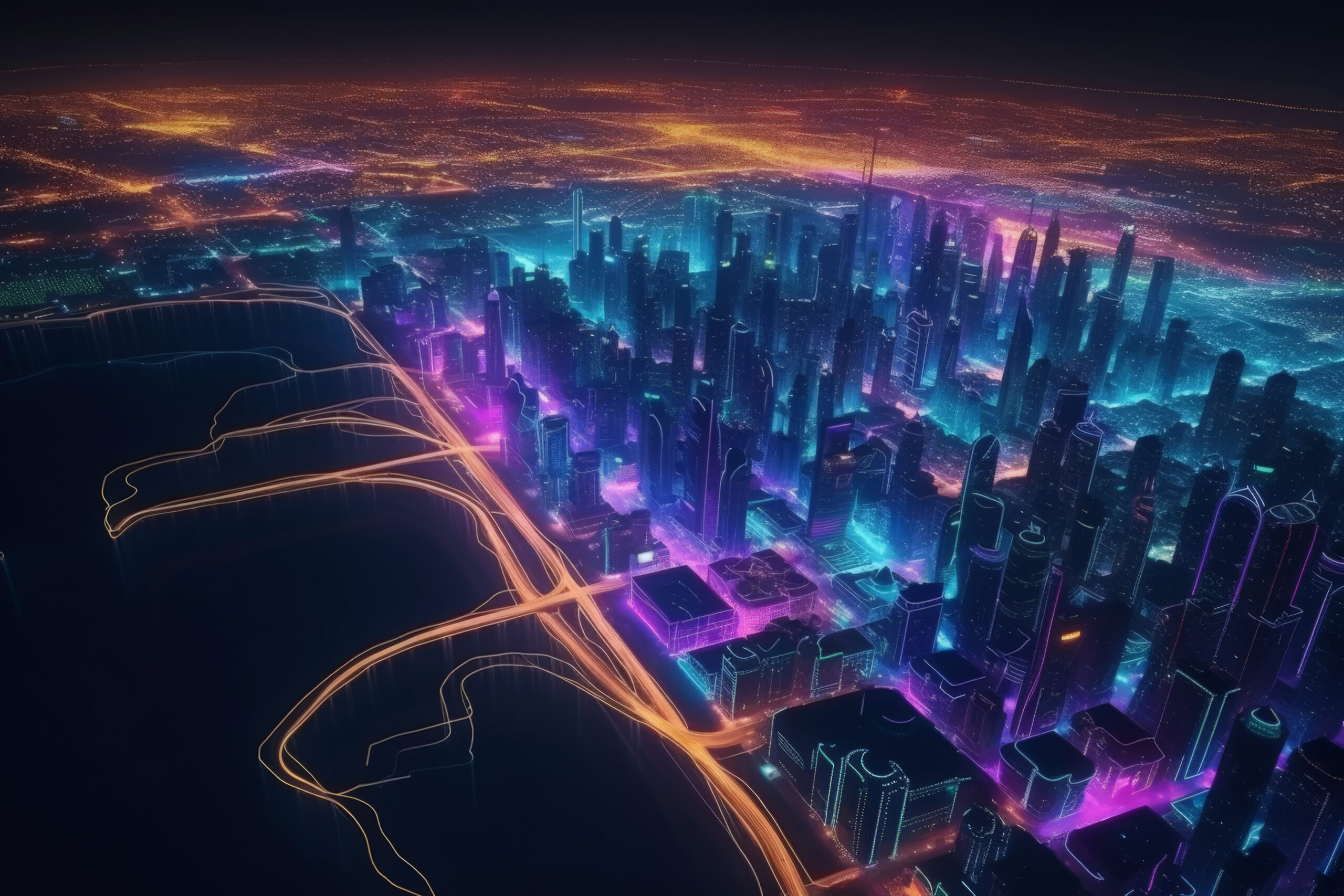 A city with neon lights and buildings in the background.