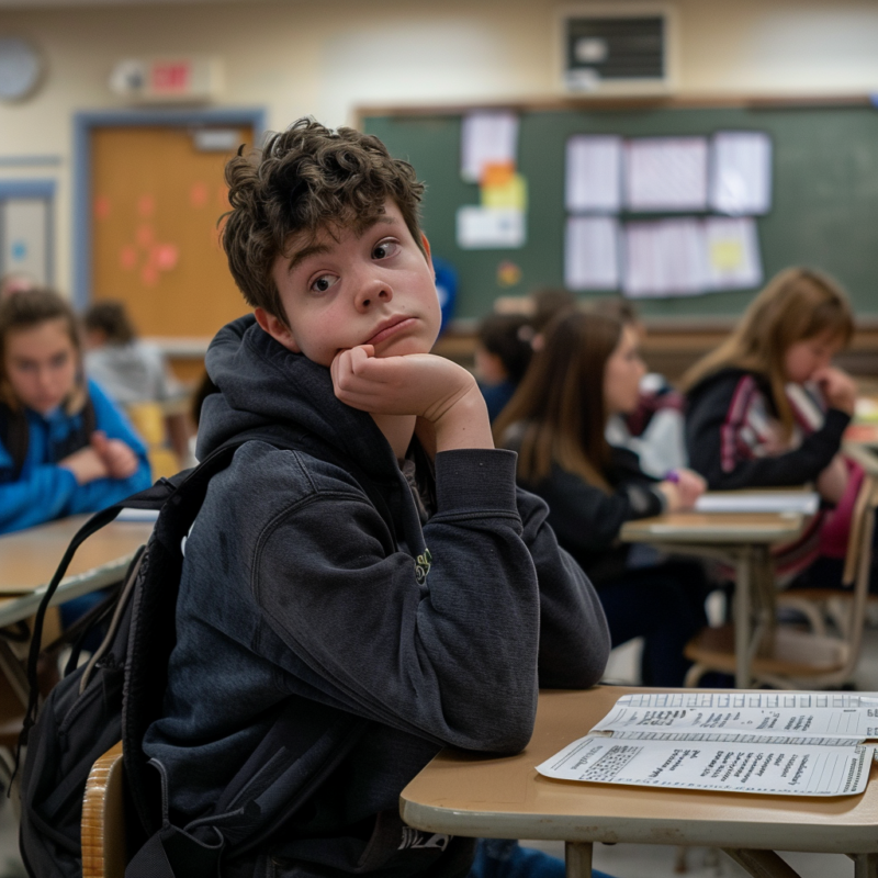 A boy sitting at a table in front of other students.
