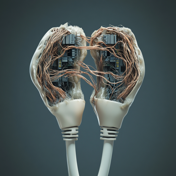 A pair of electrical cords with wires coming out.