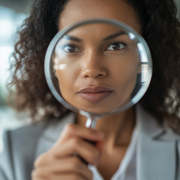 A woman looking through a magnifying glass.